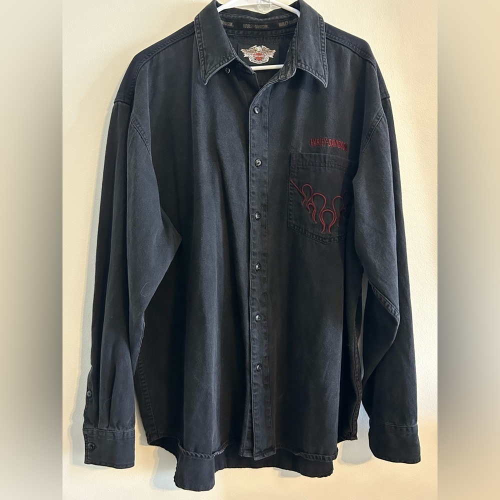 Harley-Davidson Black Flame Embroidered Button-Up Shirt